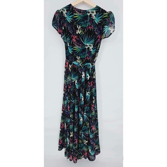 Black Fable Maxi Wrap Tropical Black & Green Dress Size Medium New - Picture 3 of 6